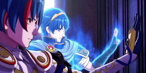 Male Alear and Marth featured during a cutscene in Fire Emblem Engage
