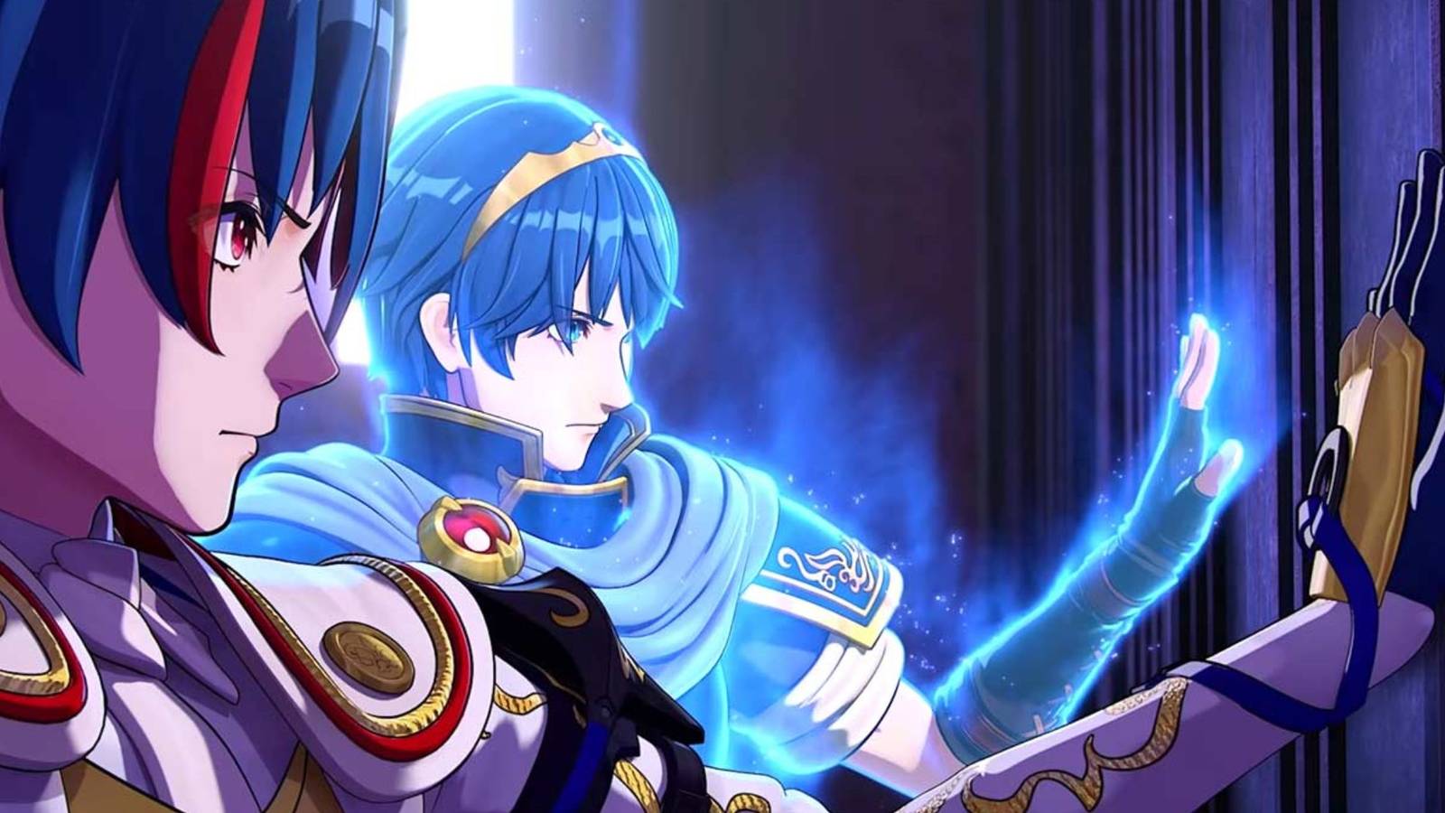 Male Alear and Marth featured during a cutscene in Fire Emblem Engage