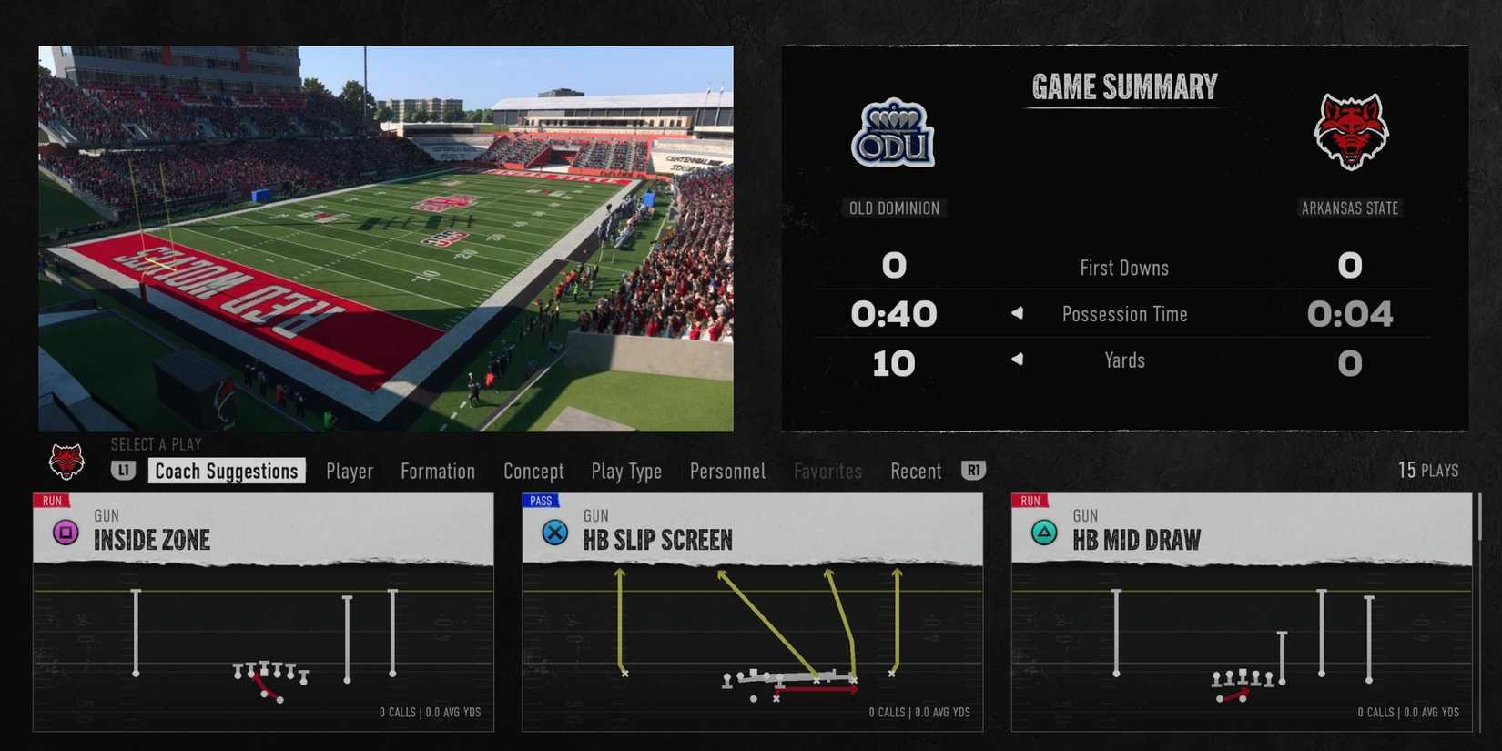 The play selection screen from College Football 25