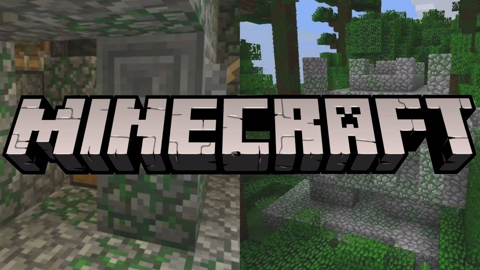 The Minecraft logo in front of two images of a jungle temple.