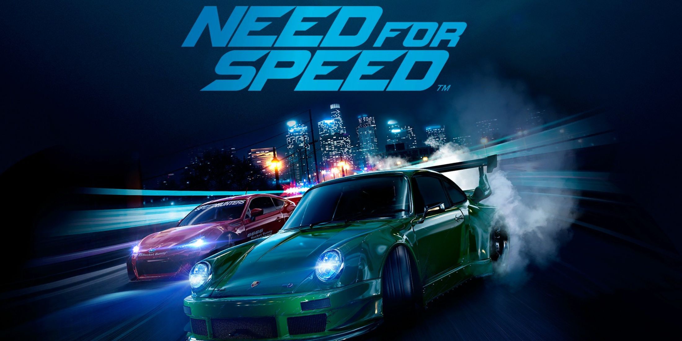 O logotipo do Need For Speed ​​com alguns carros de corrida