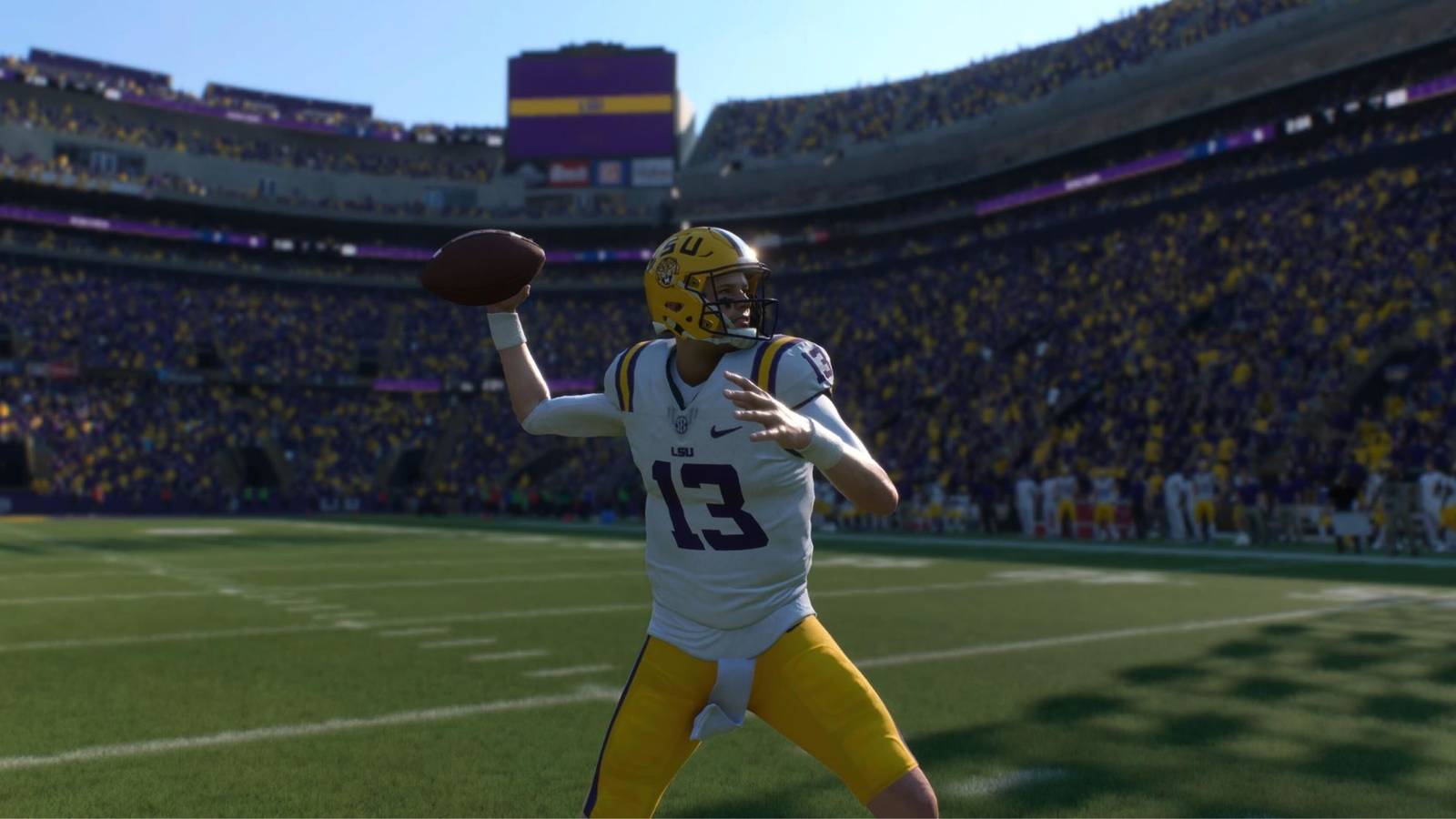 The quarterback for LSU preparing to throw a pass in College Football 25