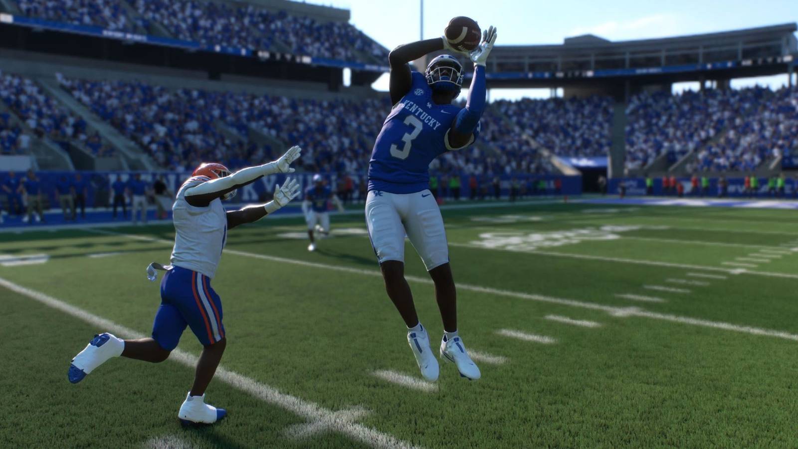 A College Football 25 player intercepting a pass