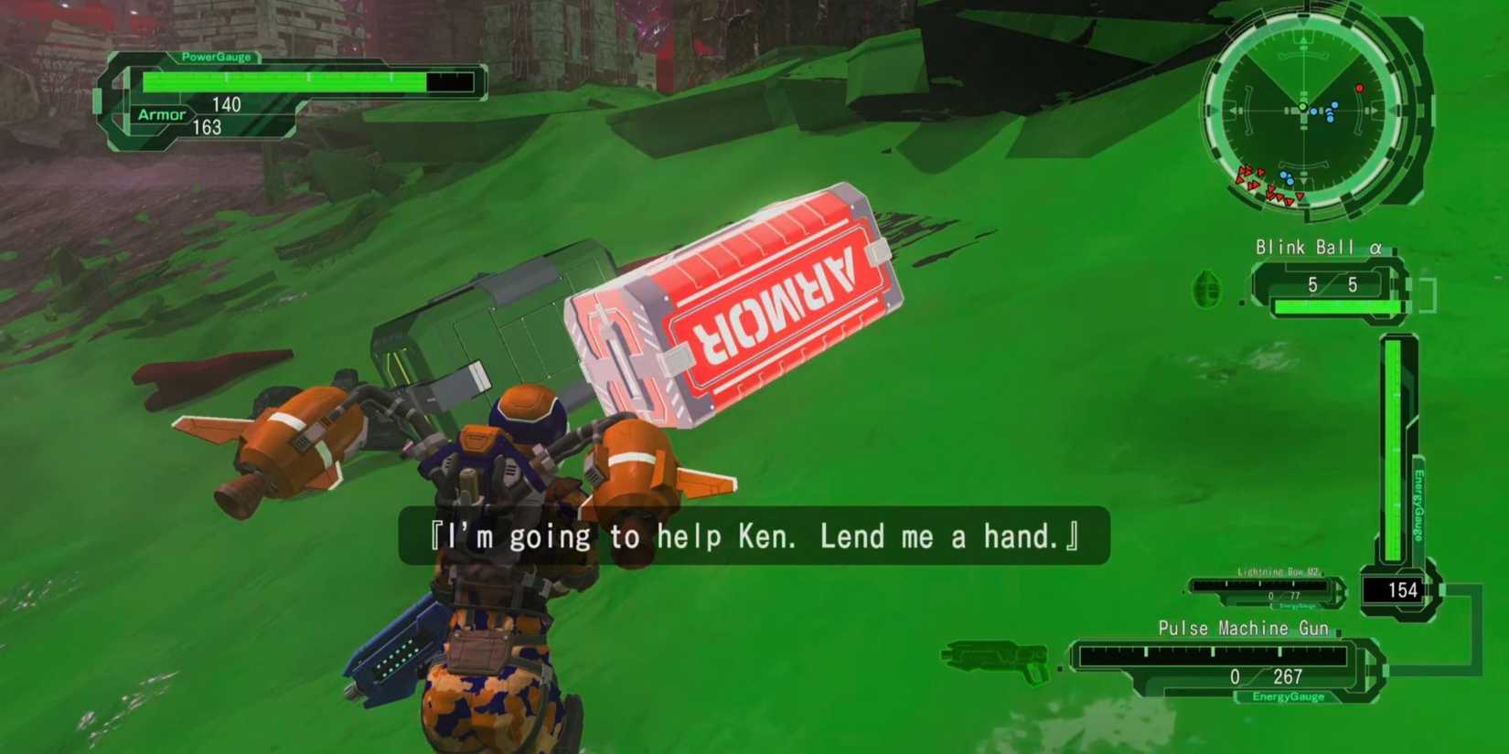 A player approaching an Armor crate in Earth Defense Force 6