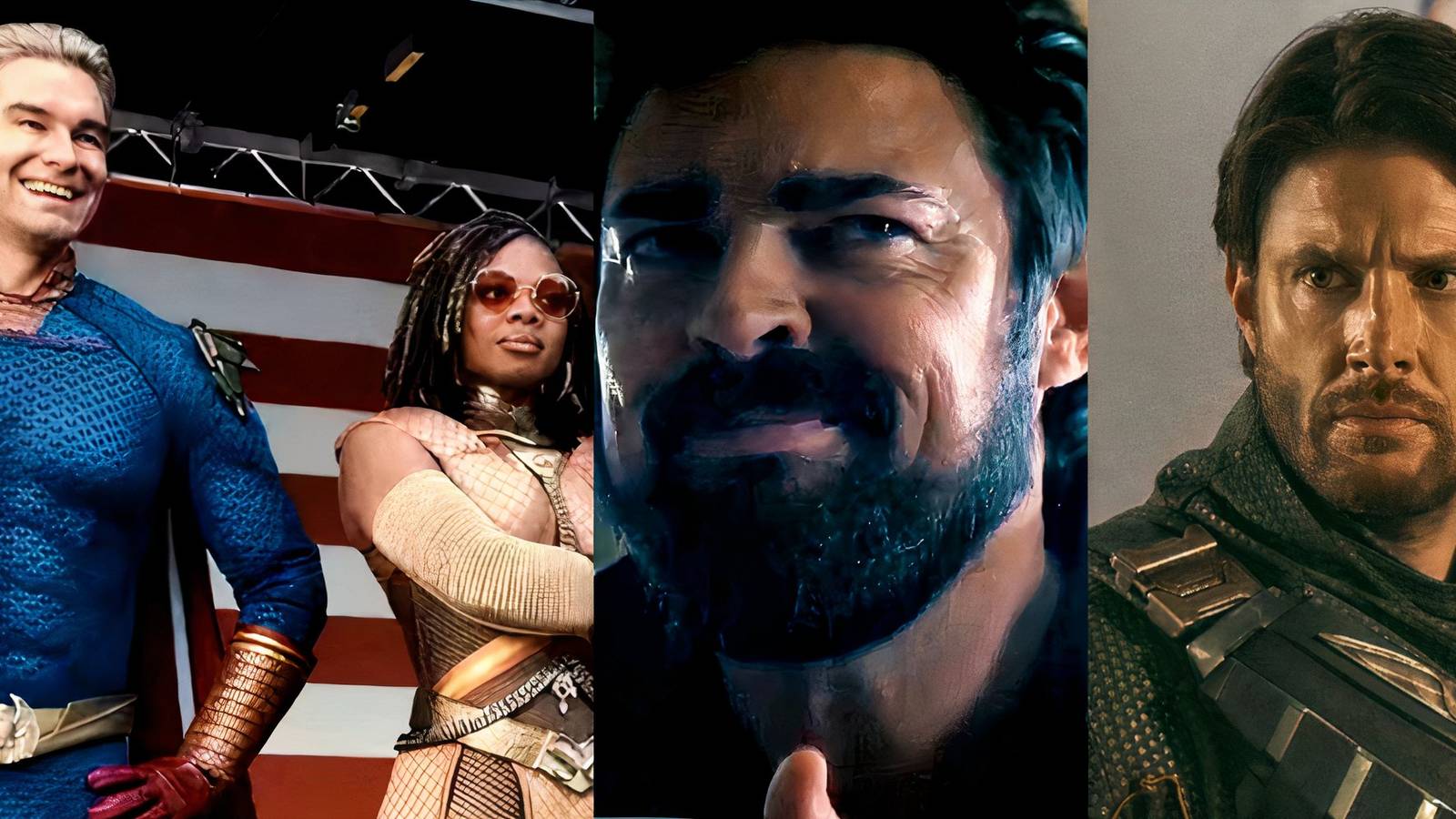 Homelander and Sister Sage (left) Butcher (middle) Soldier Boy (right)