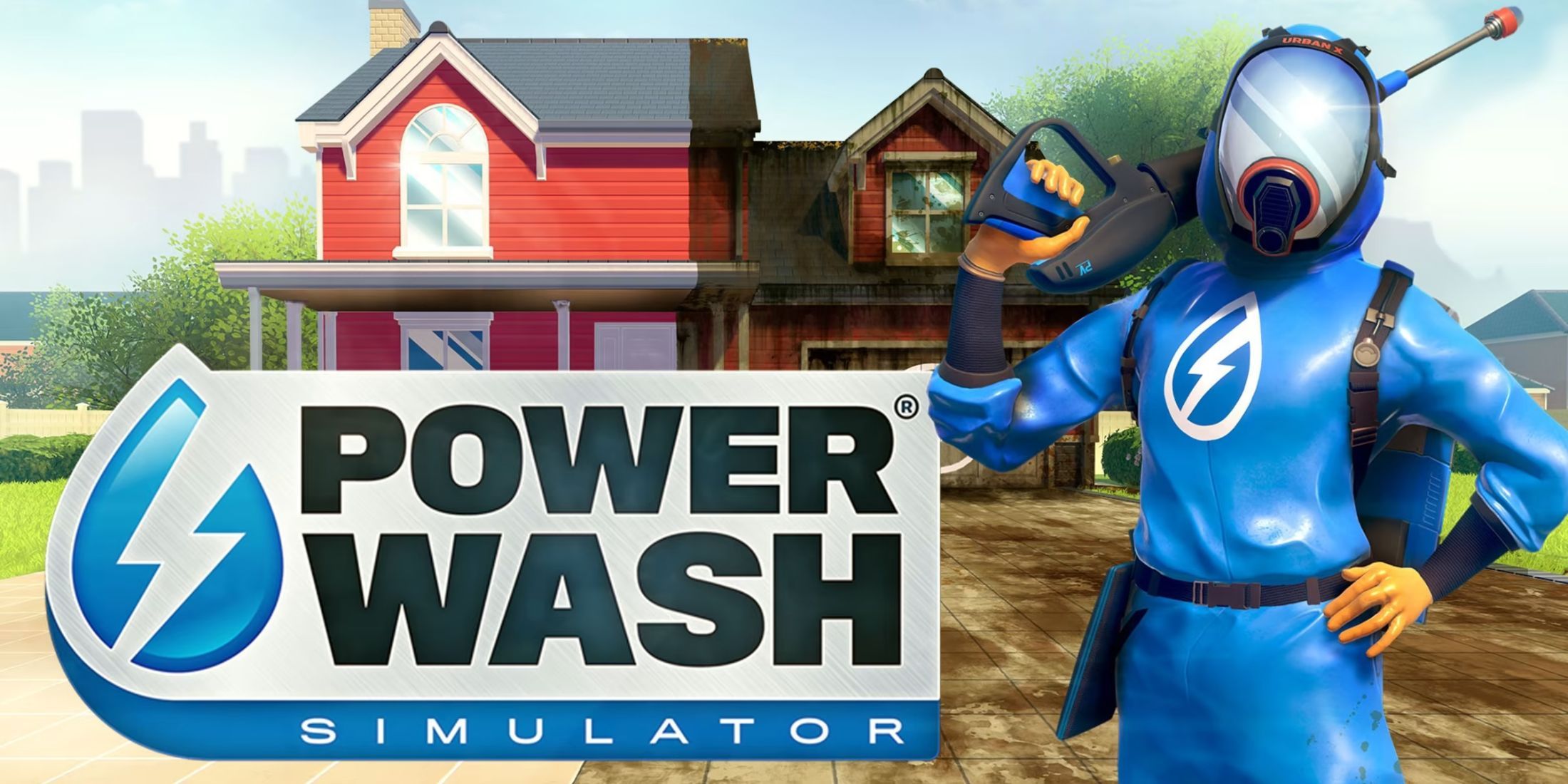 The cover art for PowerWash Simulator, showing the cleaner and a half cleaned house in the background