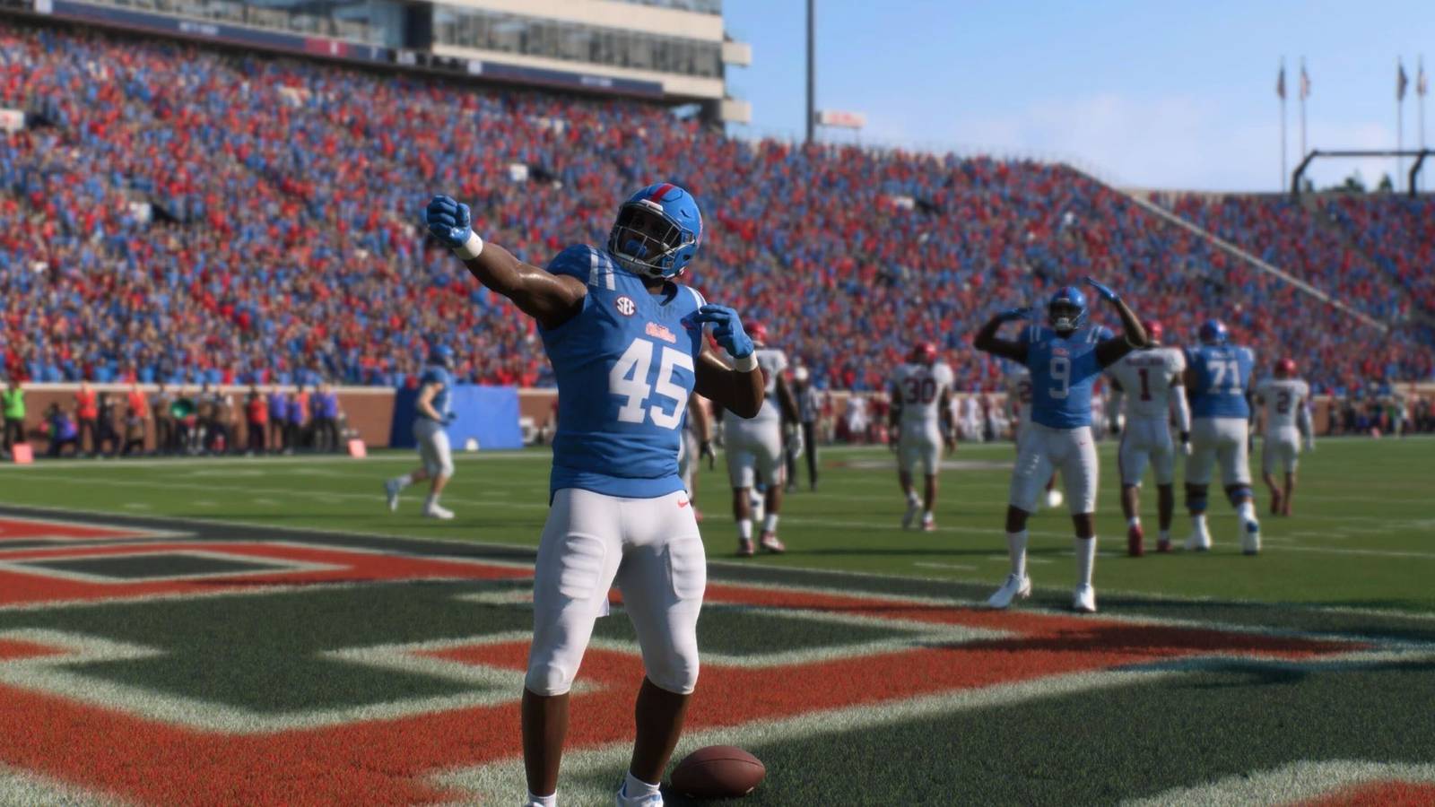 An Ole Miss player celebrating a touchdown in College Football 25