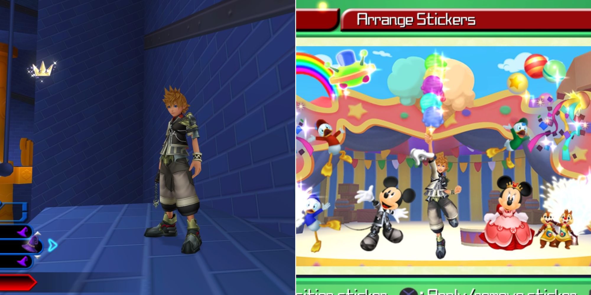 Ventus finding a sticker in Disney Town and the completed Sticker Album.