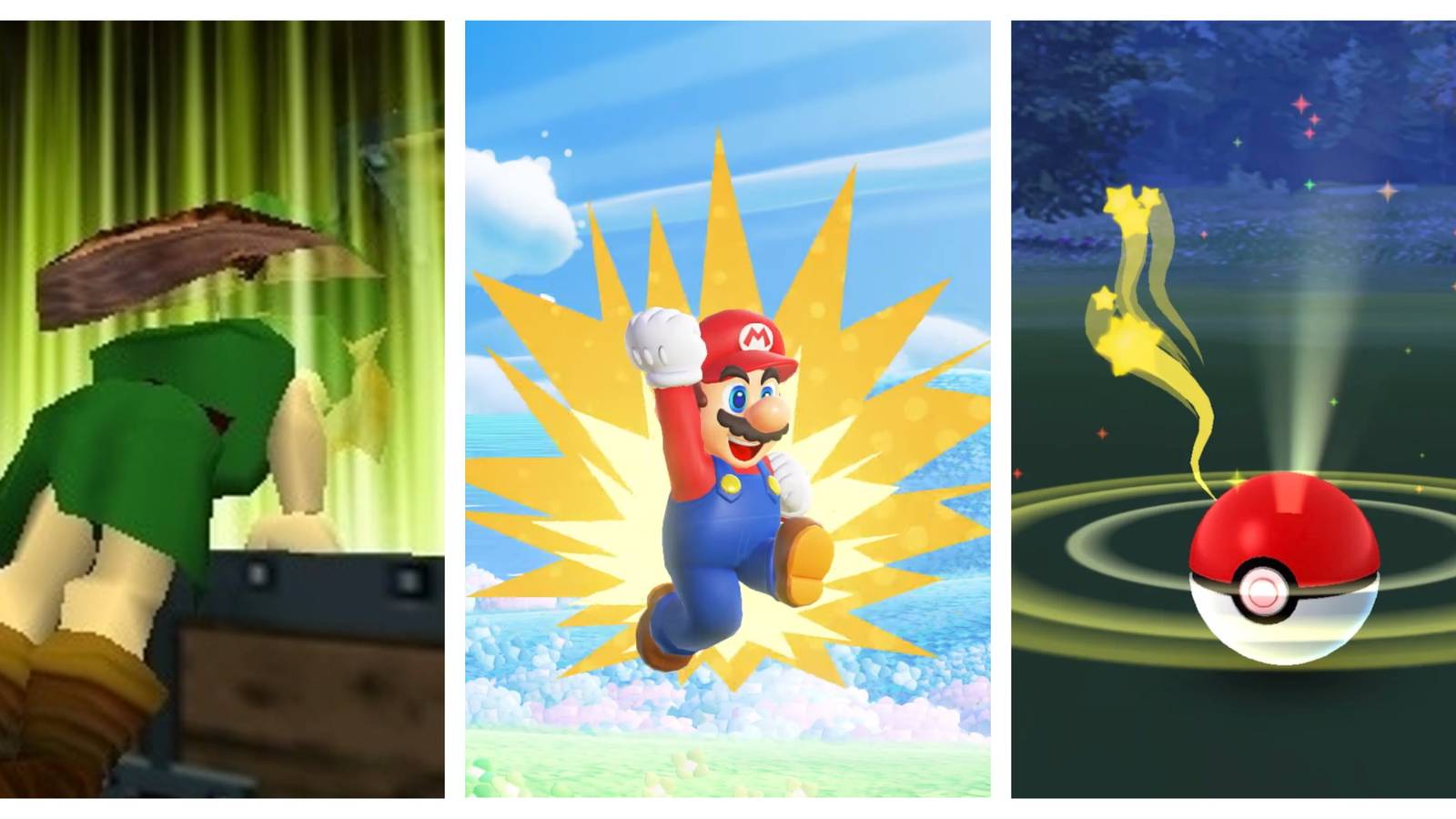 From left to right: Link opening chest, Mario getting powerup, Pokeball closing