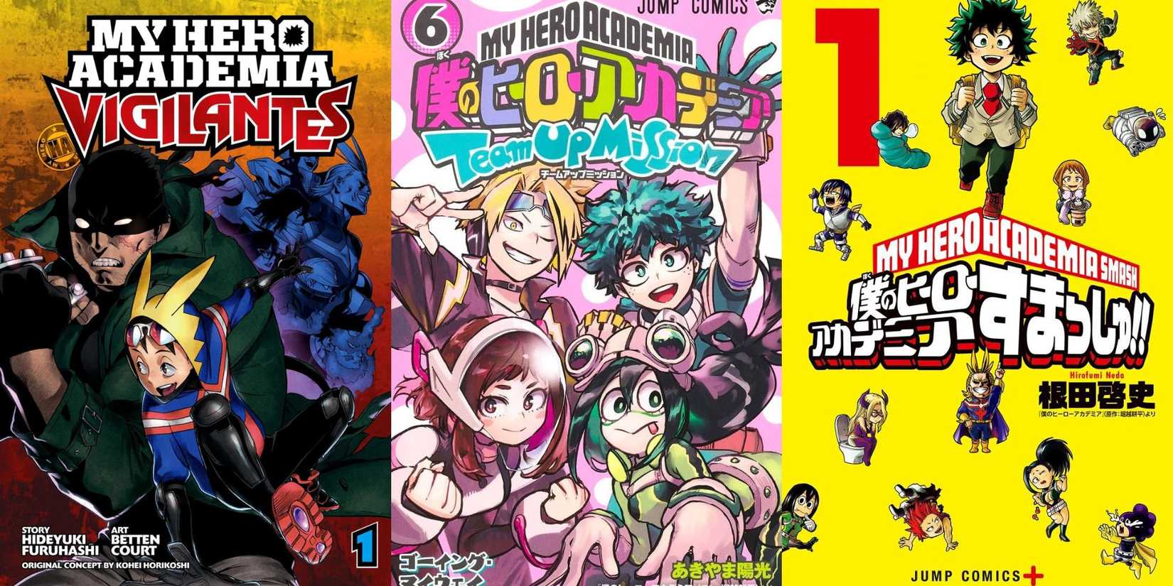 Volume covers for numerous My Hero Academia spinoffs, Vigilantes, Team Up Missions and Smash!!
