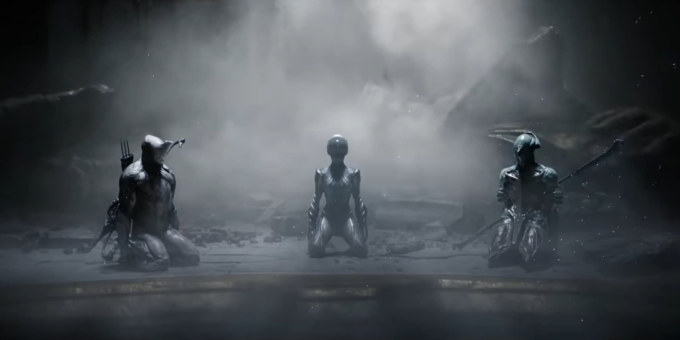 The three starter frame options in Warframe's opening cinematic