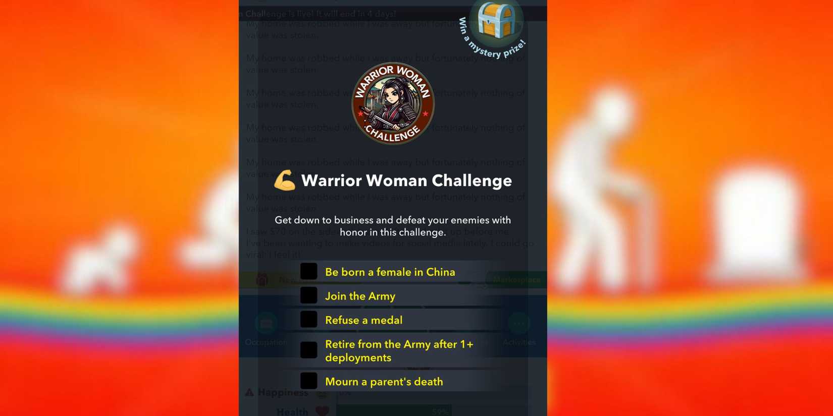 warrior woman challenge bitlife 
