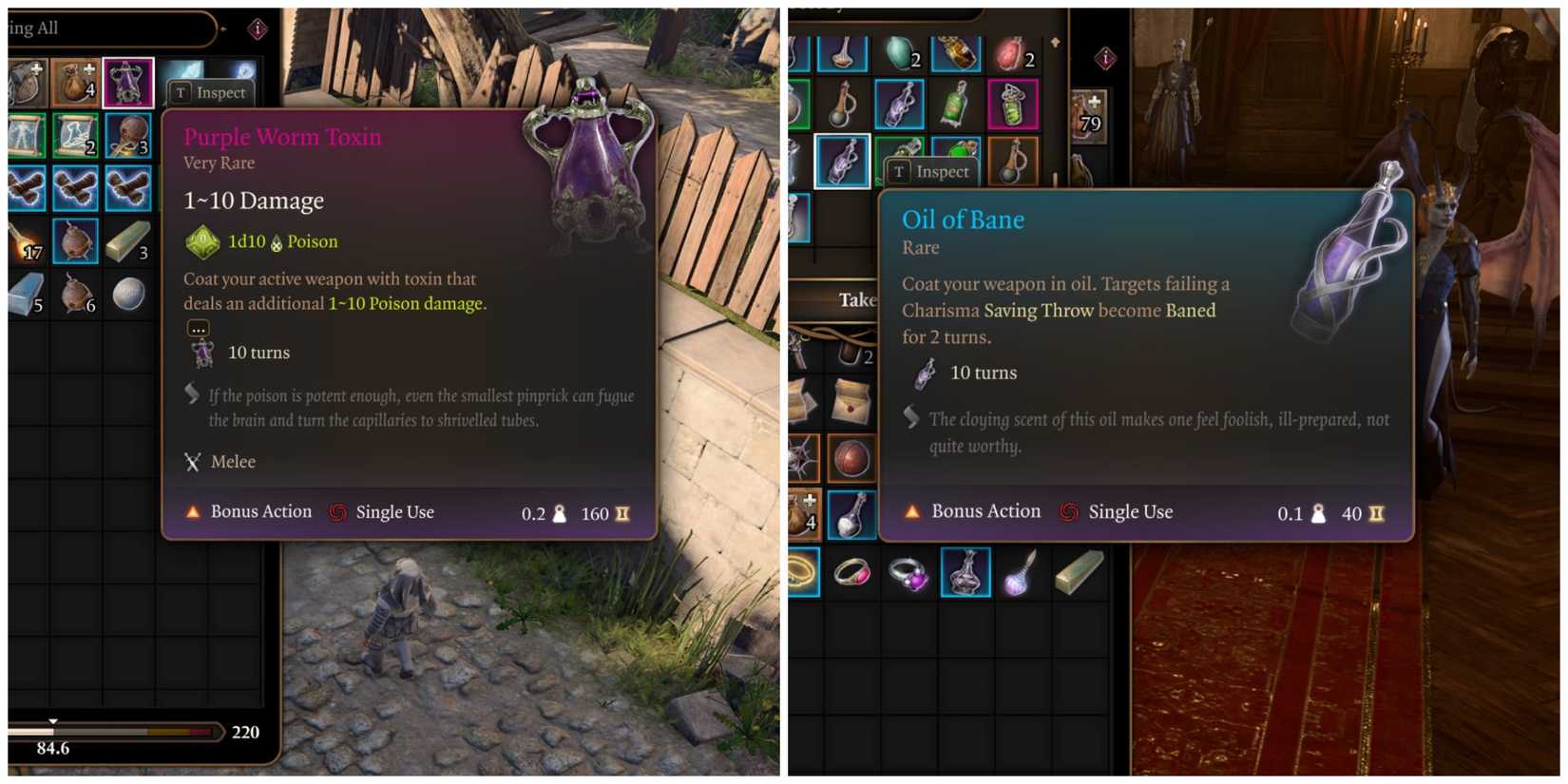 image of the Purple Worm Toxin and Oil of Bane items in Baldur's Gate 3