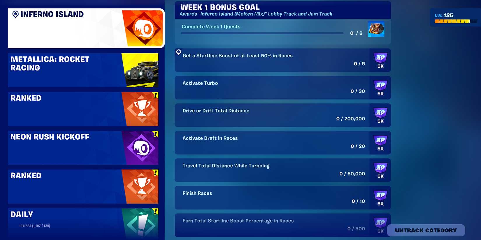 Screenshot showcasing the Week 1 Inferno Island Quests for Fortnite Rocket Racing 