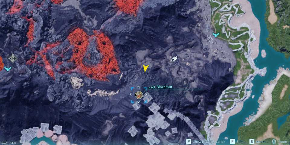 Screenshot showcasing where to find Alpha Blazamut on the map in Palworld