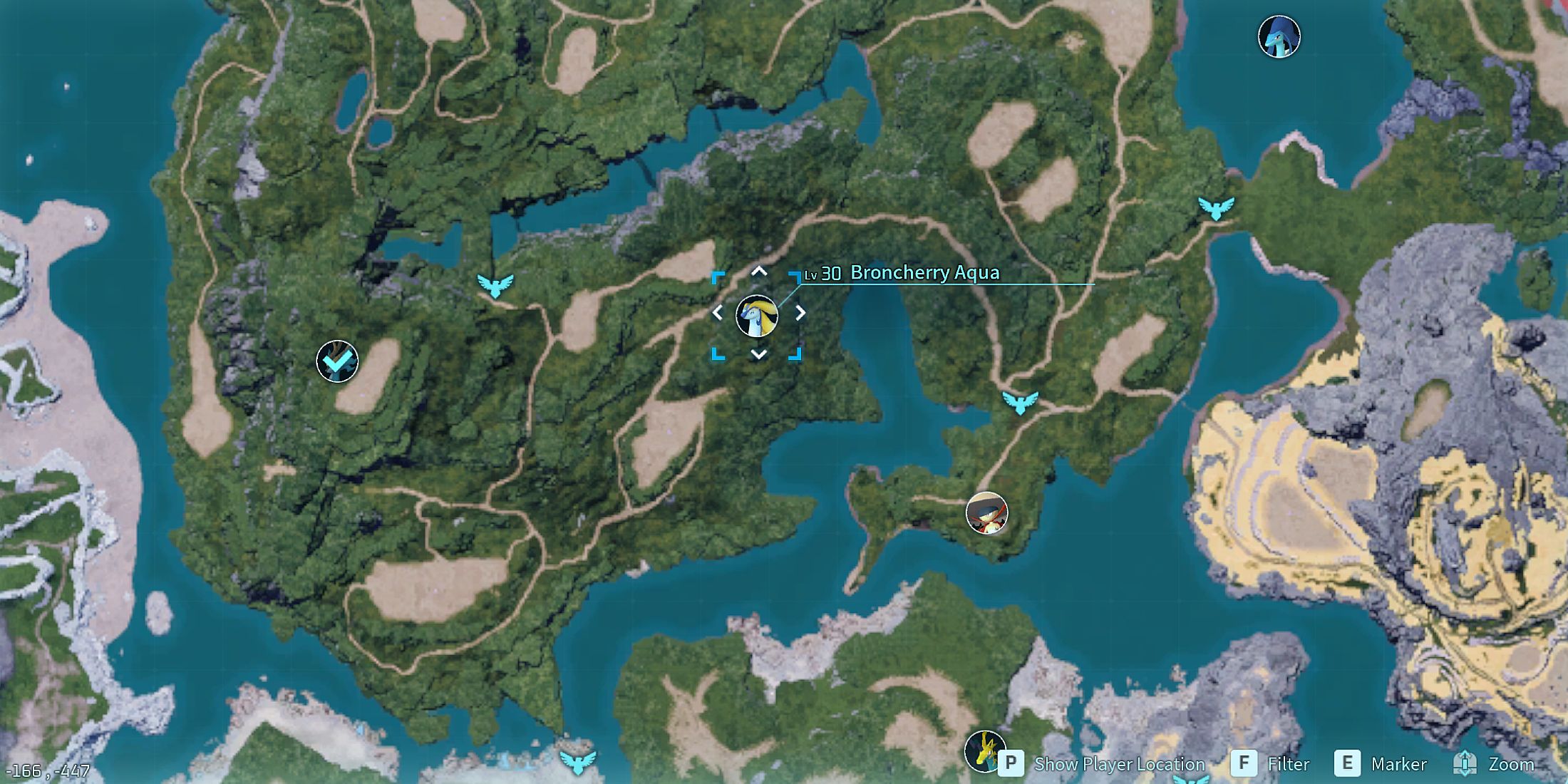 Screenshot showcasing where to find Alpha Broncherry Aqua on the map in Palworld 