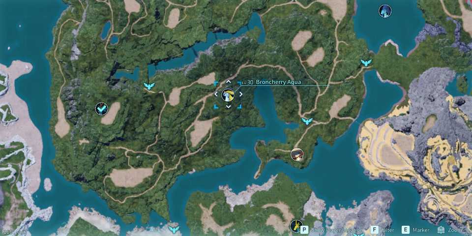 Screenshot showcasing where to find Alpha Broncherry Aqua on the map in Palworld 