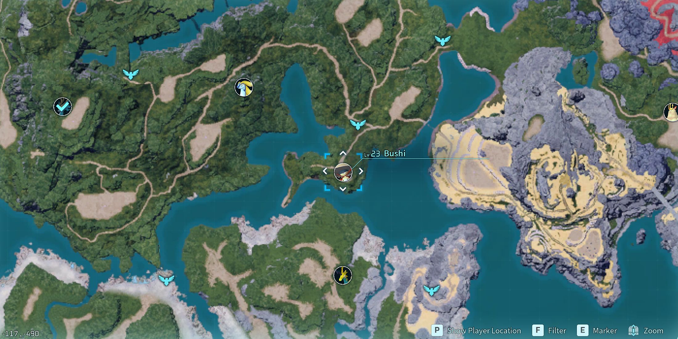 Screenshot showcasing where to find Alpha Bushi on the map in Palworld 