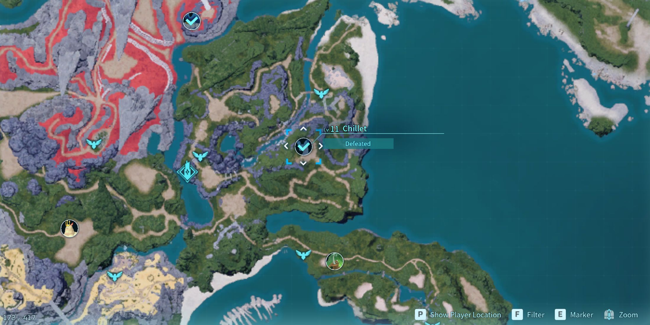 Screenshot showcasing where to find Alpha Chillet on the map in Palworld 