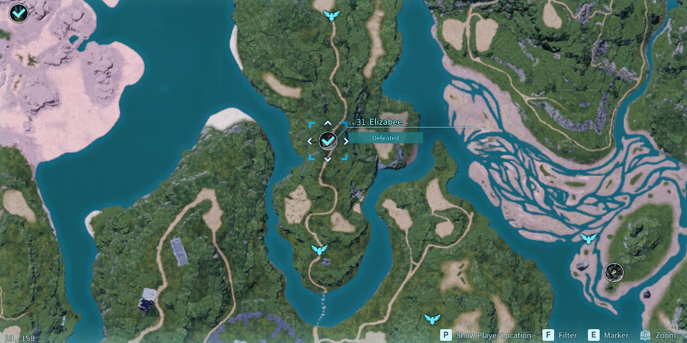 Screenshot showcasing where to find Alpha Elizabee on the map in Palworld 