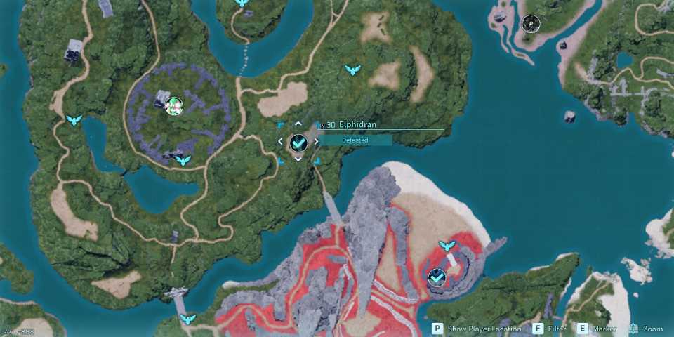 Screenshot showcasing where to find Alpha Elphidran on the map in Palworld