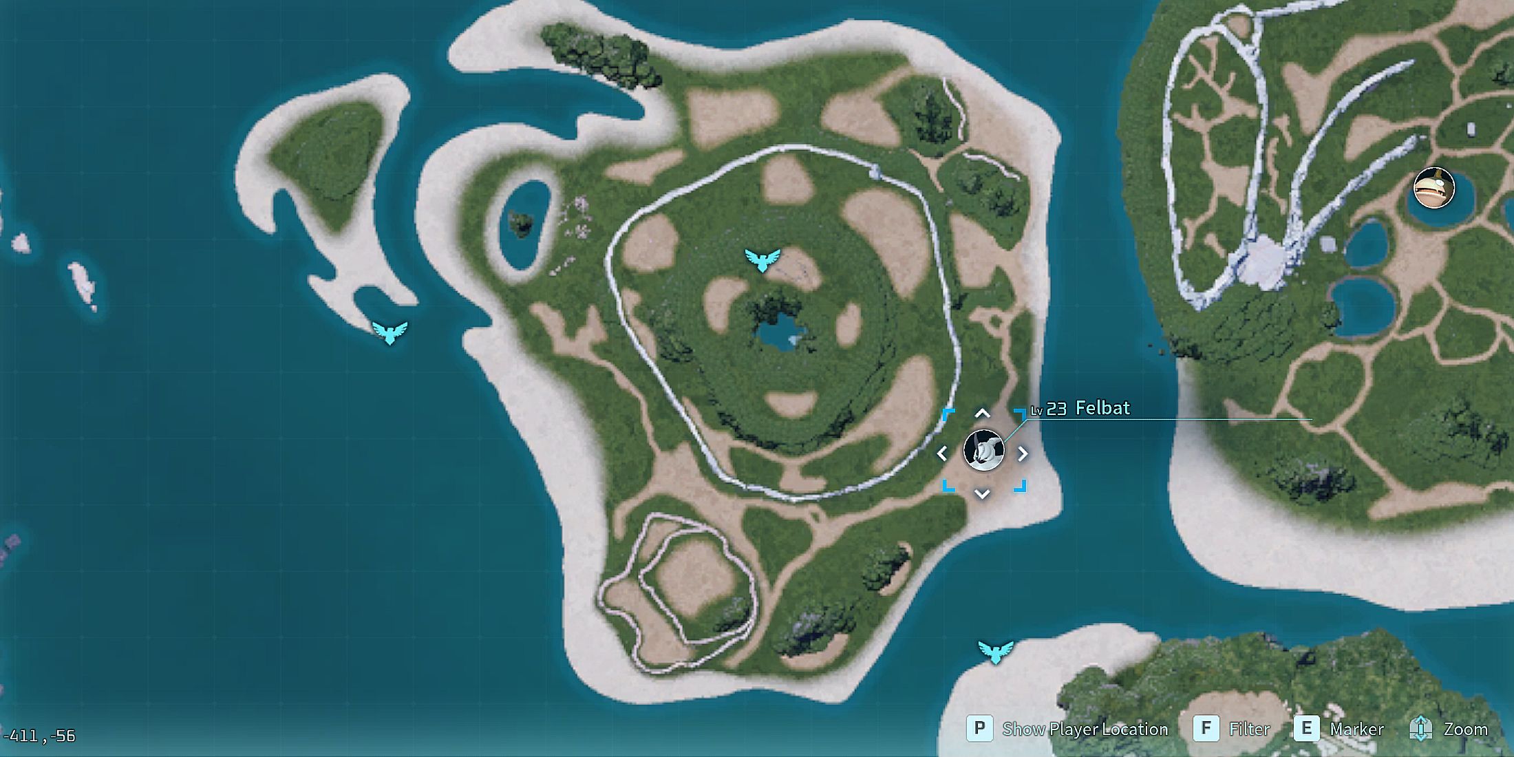 Screenshot showcasing where to find Alpha Felbat on the map in Palworld 