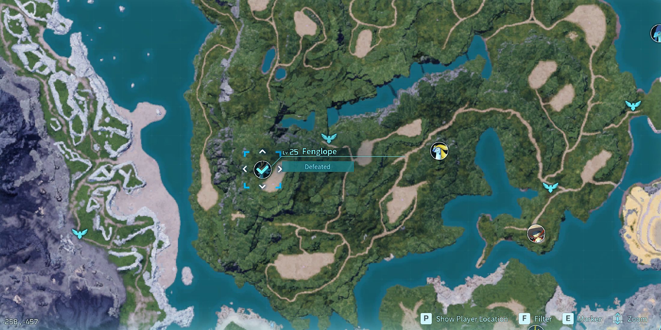 Screenshot showcasing where to find Alpha Fenglope on the map in Palworld 