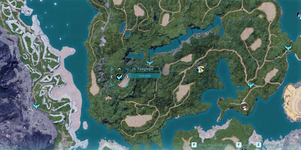 Screenshot showcasing where to find Alpha Fenglope on the map in Palworld 