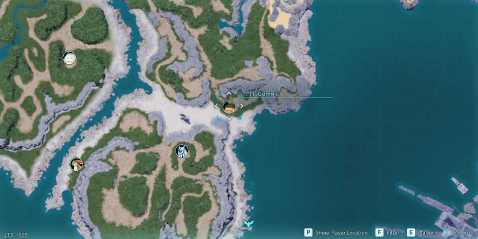 Screenshot showcasing where to find Alpha Gumoss on the map in Palworld