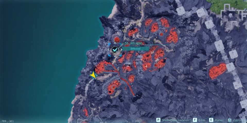 Screenshot showcasing where to find Alpha Jetragon on the map in Palworld