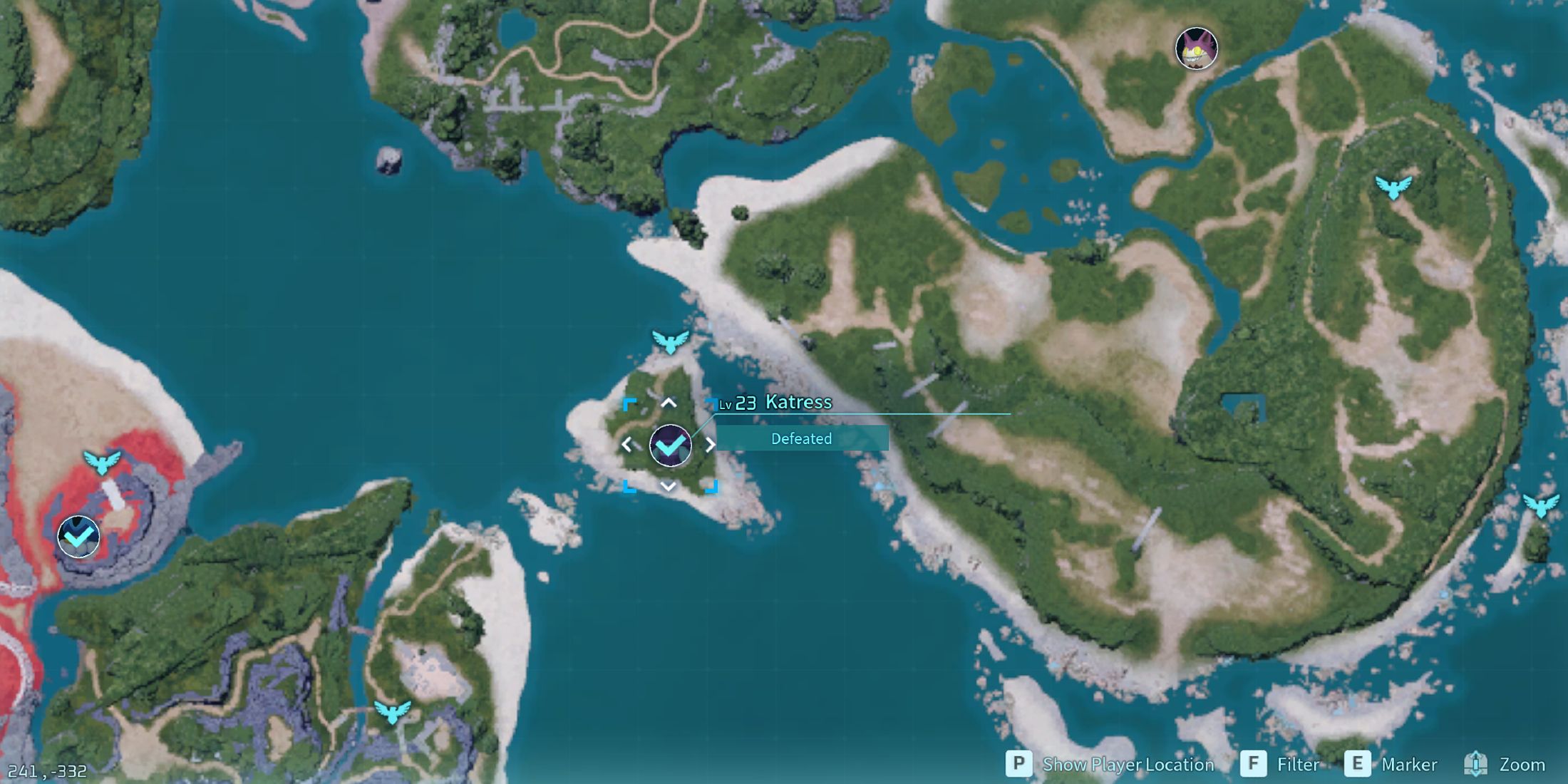 Screenshot showcasing where to find Alpha Katress on the map in Palworld 