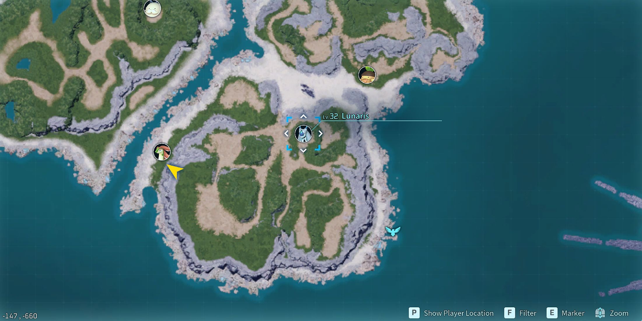 Screenshot showcasing where to find Alpha Lunaris on the map in Palworld 