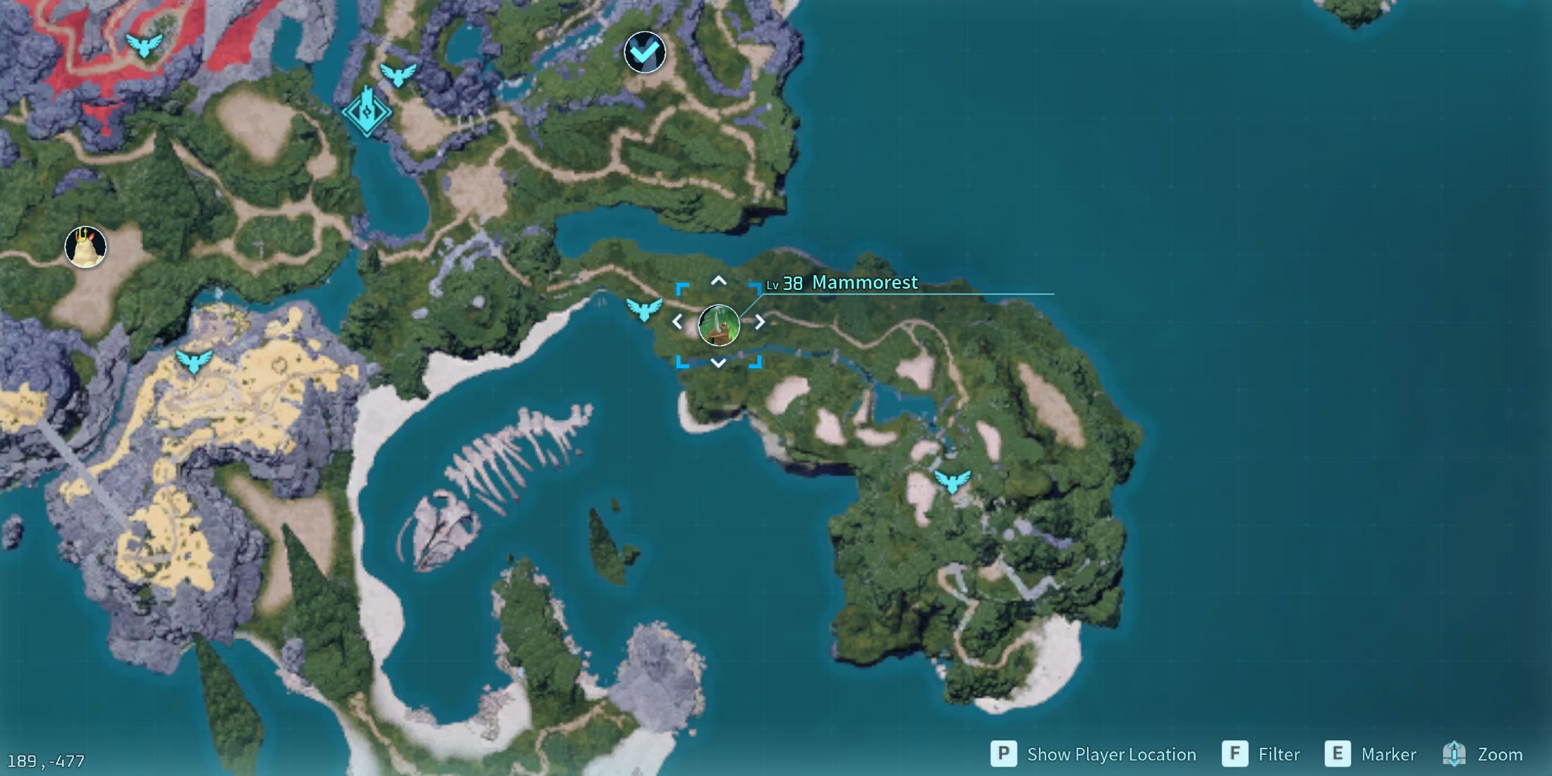 Screenshot showcasing where to find Alpha Mammorest on the map in Palworld 