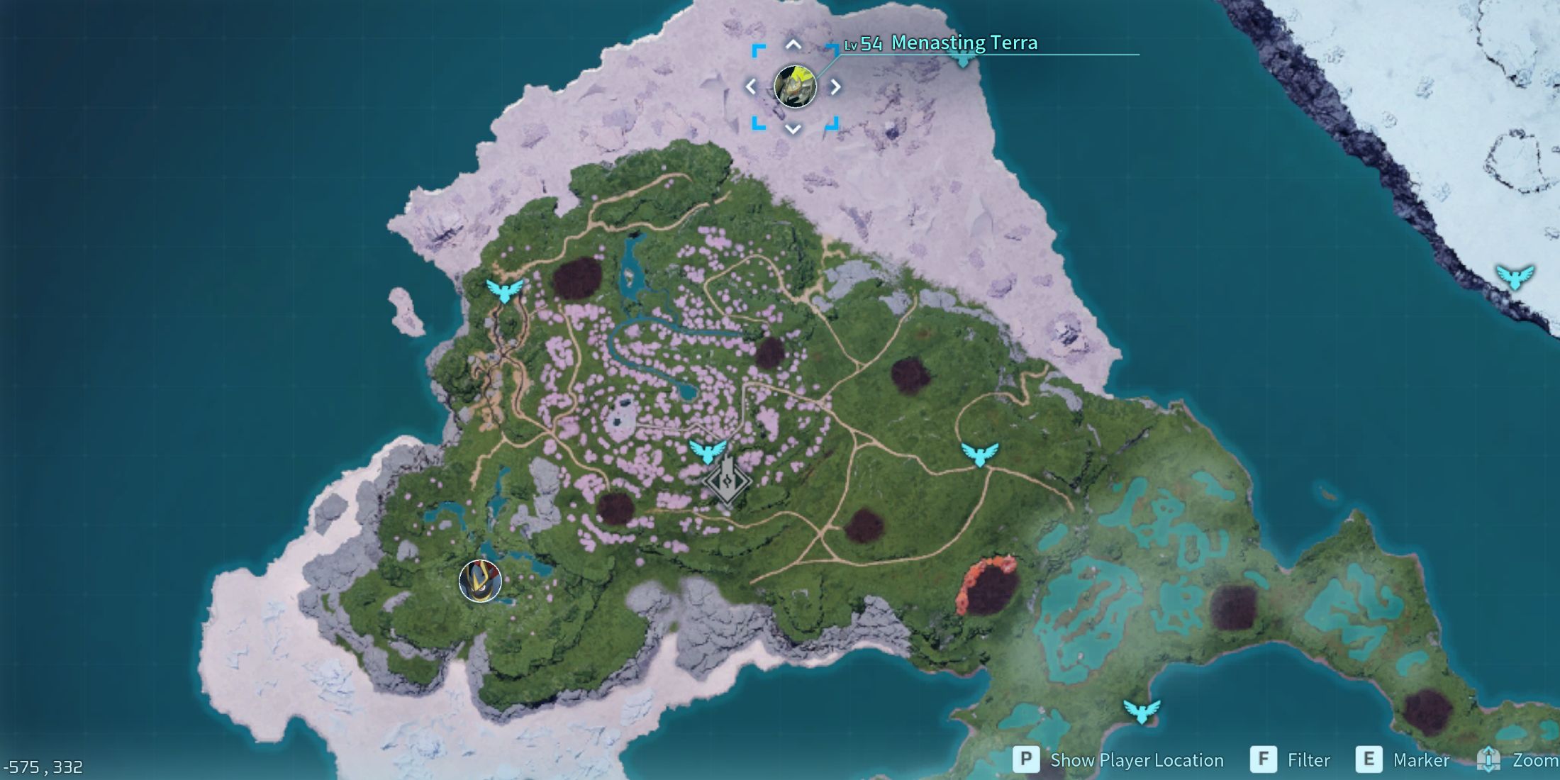 Screenshot showcasing where to find Alpha Menasting Terra on the map in Palworld 