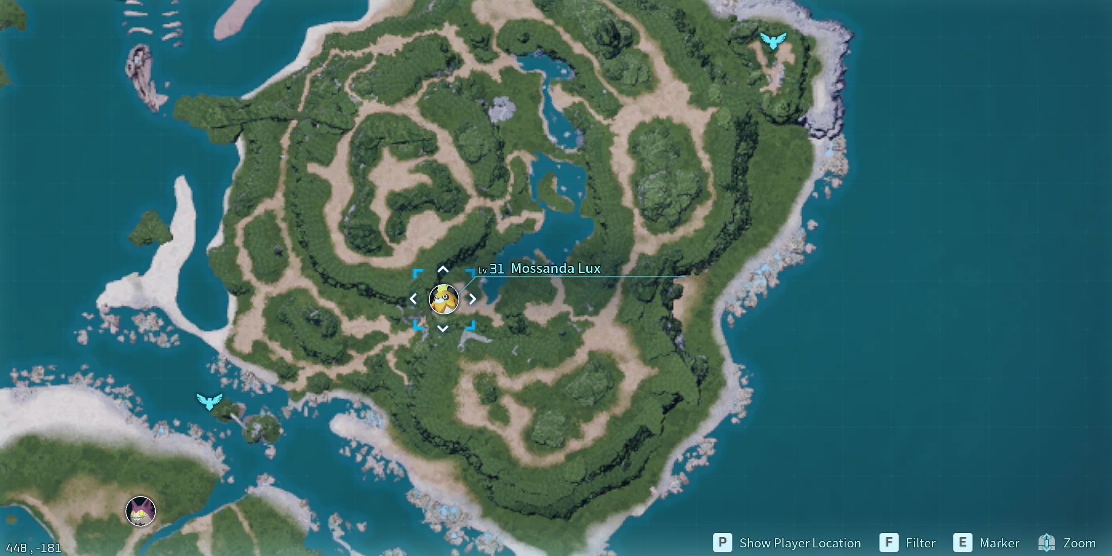 Screenshot showcasing where to find Alpha Mossanda Lux on the map in Palworld 