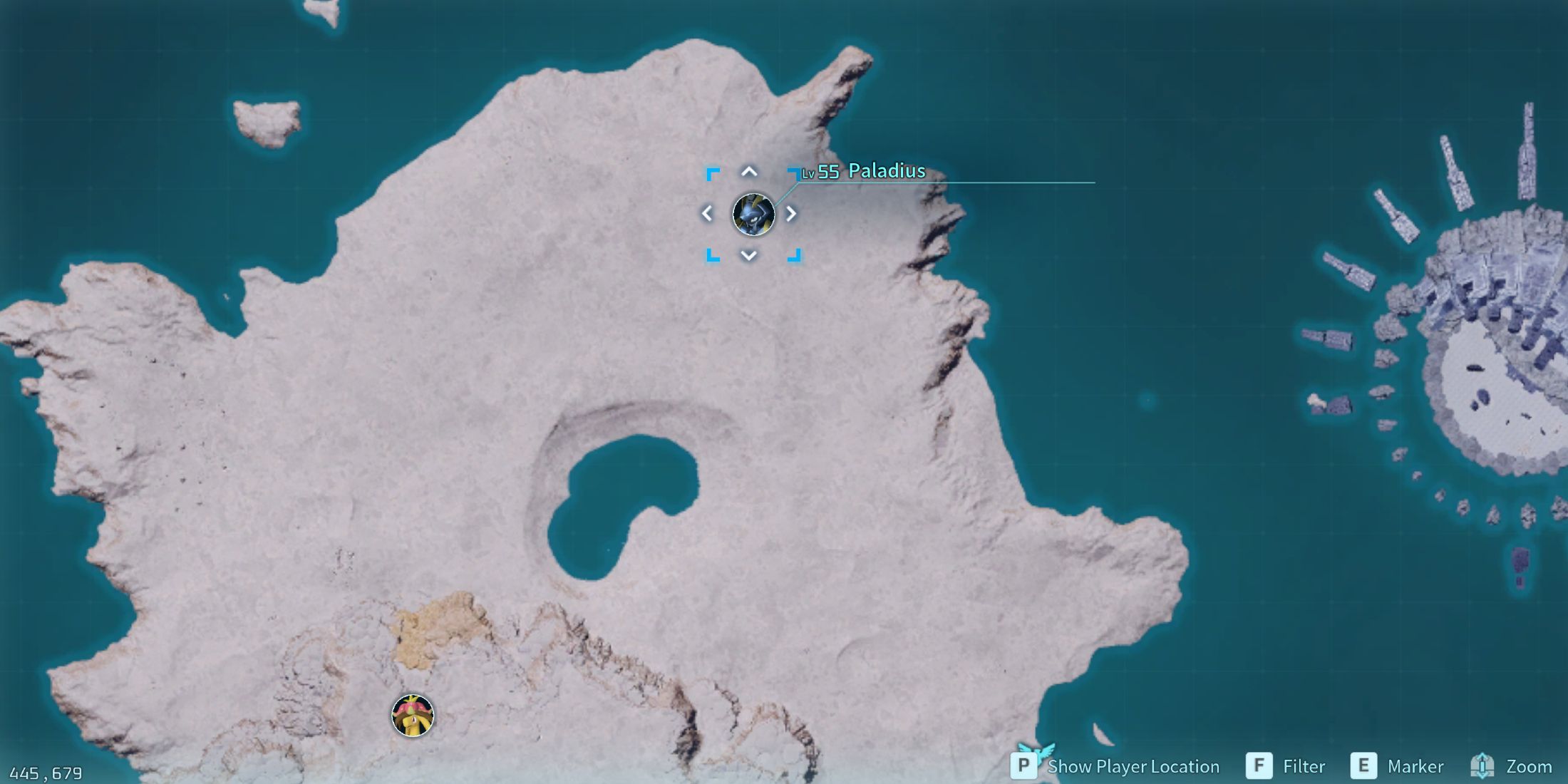 Screenshot showcasing where to find Alpha Paladius and Necromus on the map in Palworld 