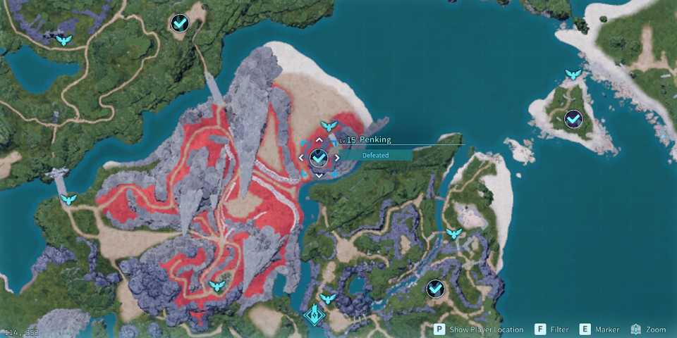 Screenshot showcasing where to find Alpha Penking on the map in Palworld