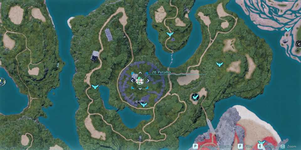 Screenshot showcasing where to find Alpha Petallia on the map in Palworld