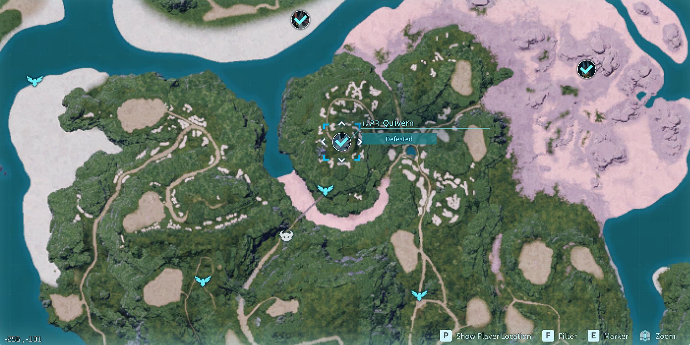 Screenshot showcasing where to find Alpha Quivern on the map in Palworld 