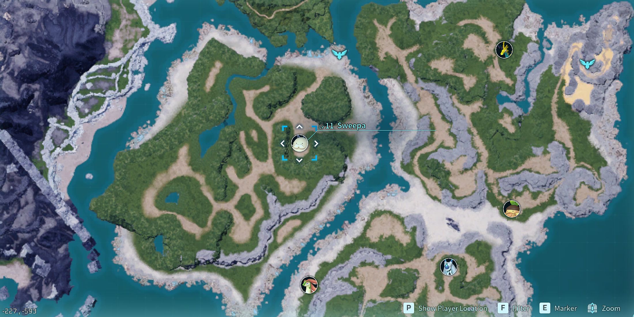 Screenshot showcasing where to find Alpha Sweepa on the map in Palworld 