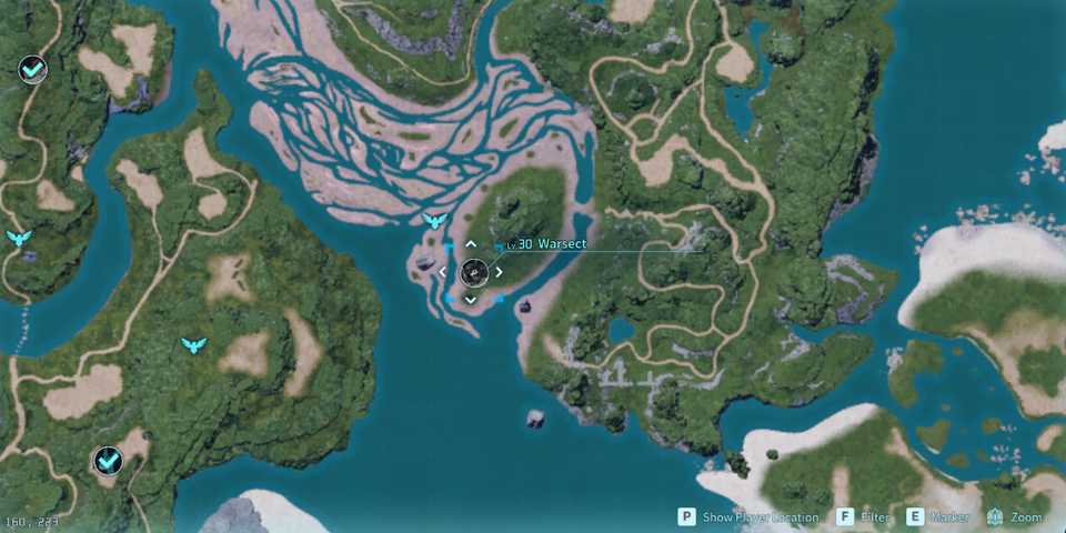 Screenshot showcasing where to find Alpha Warsect on the map in Palworld