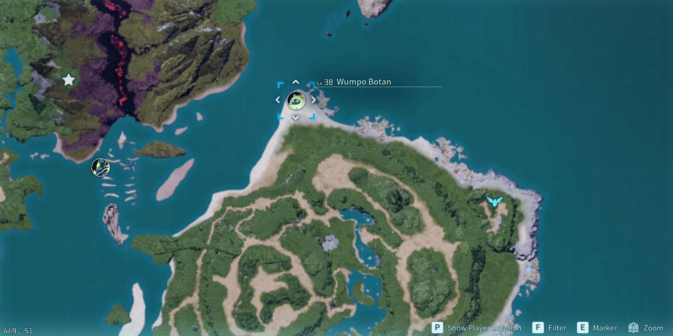 Screenshot showcasing where to find Alpha Wumpo Botan on the map in Palworld 