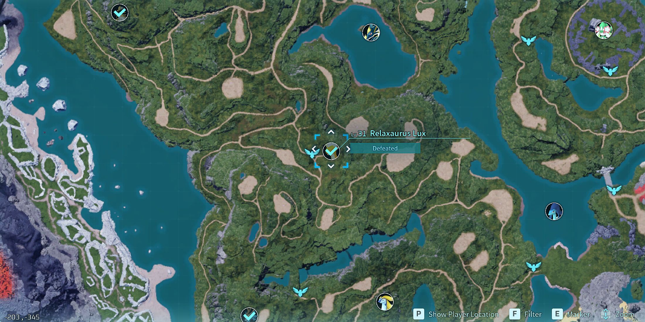 Screenshot showcasing where to find Relaxaurus Lux on the map in Palworld 