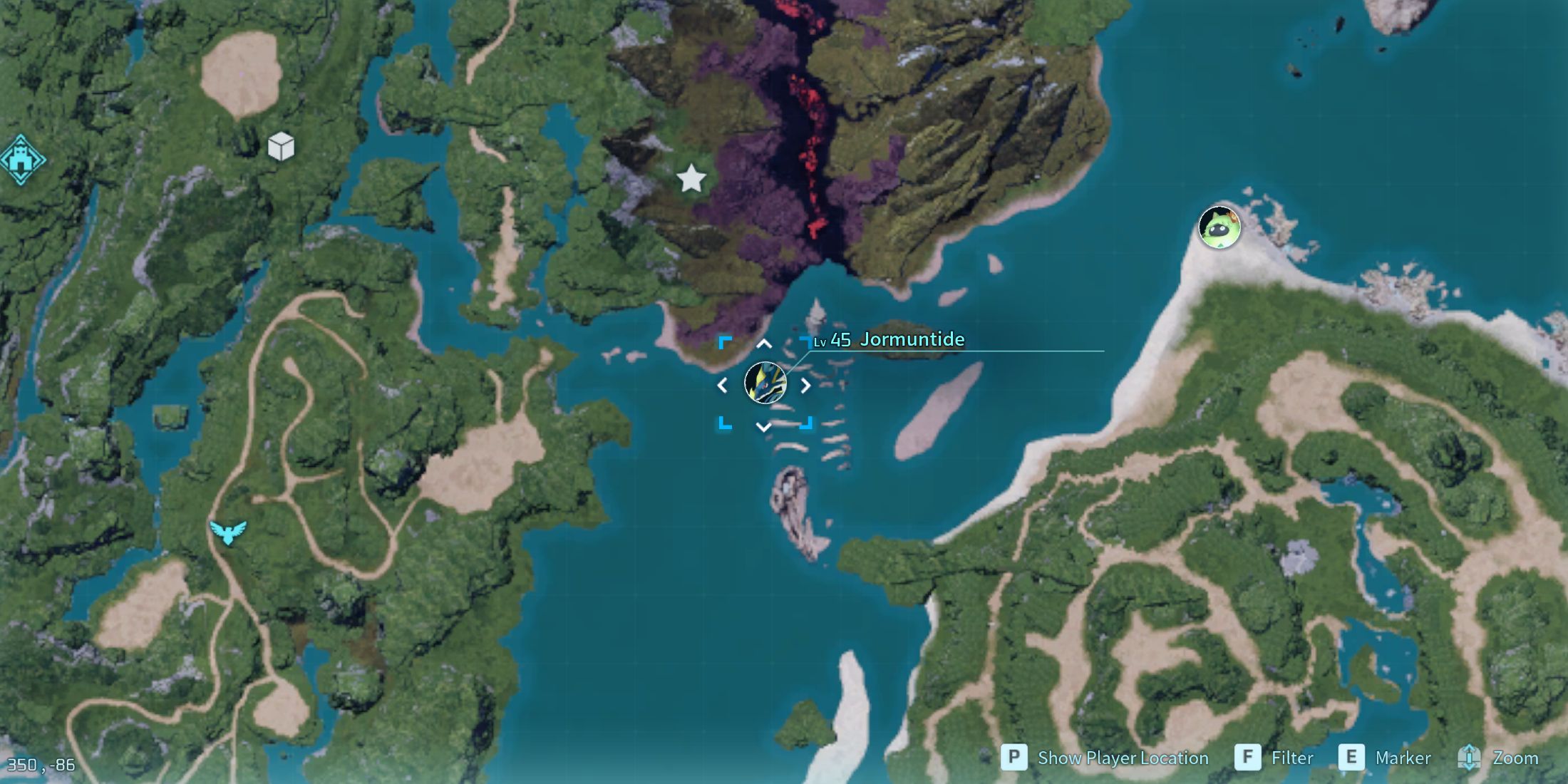 Screenshot showcasing where to find the second Alpha Jormuntide on the map in Palworld 