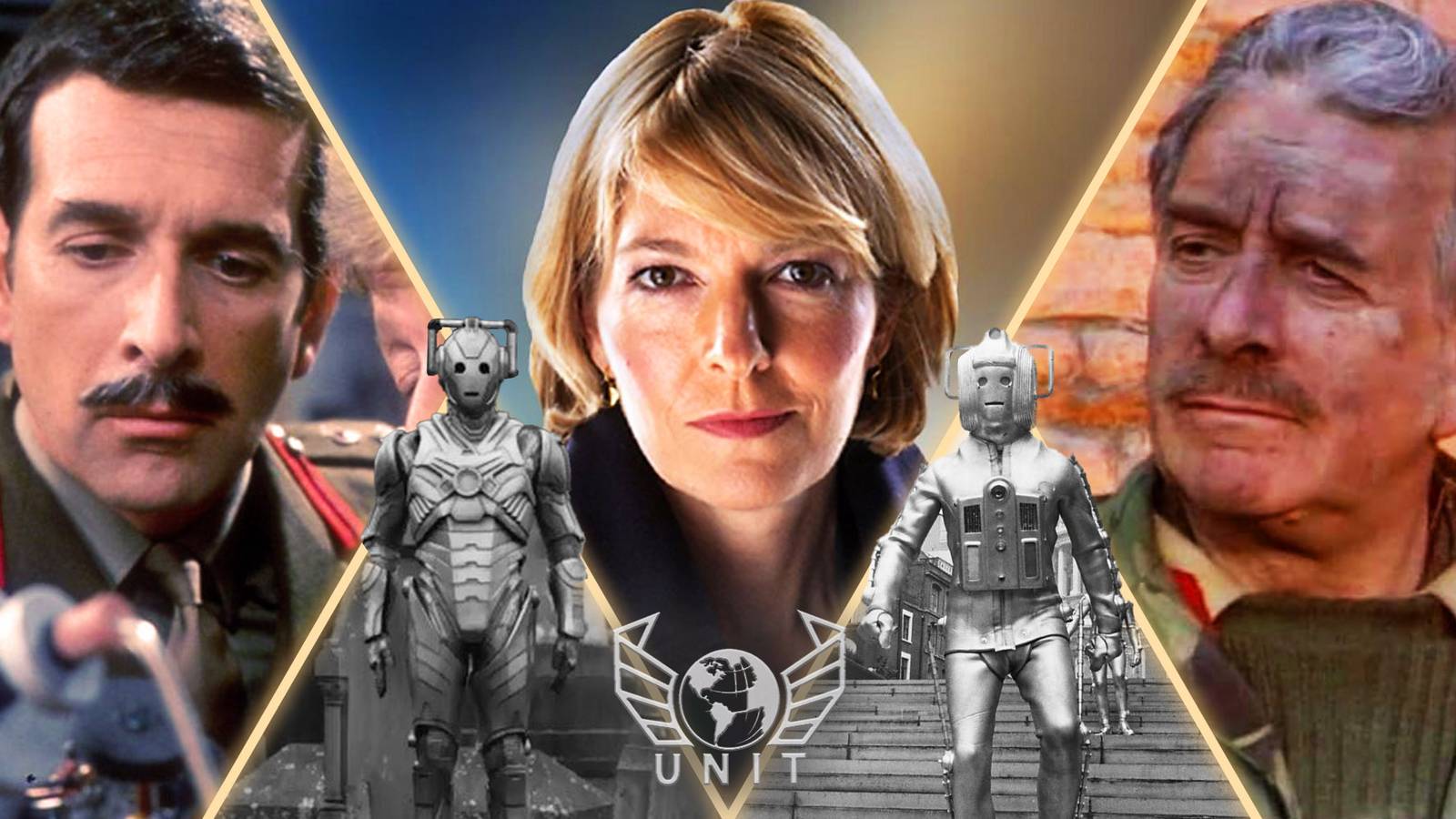 Jemma Redgrave and Nicolas Courtney as the Lethbridge-Stewarts in Doctor Who with some Cybermen