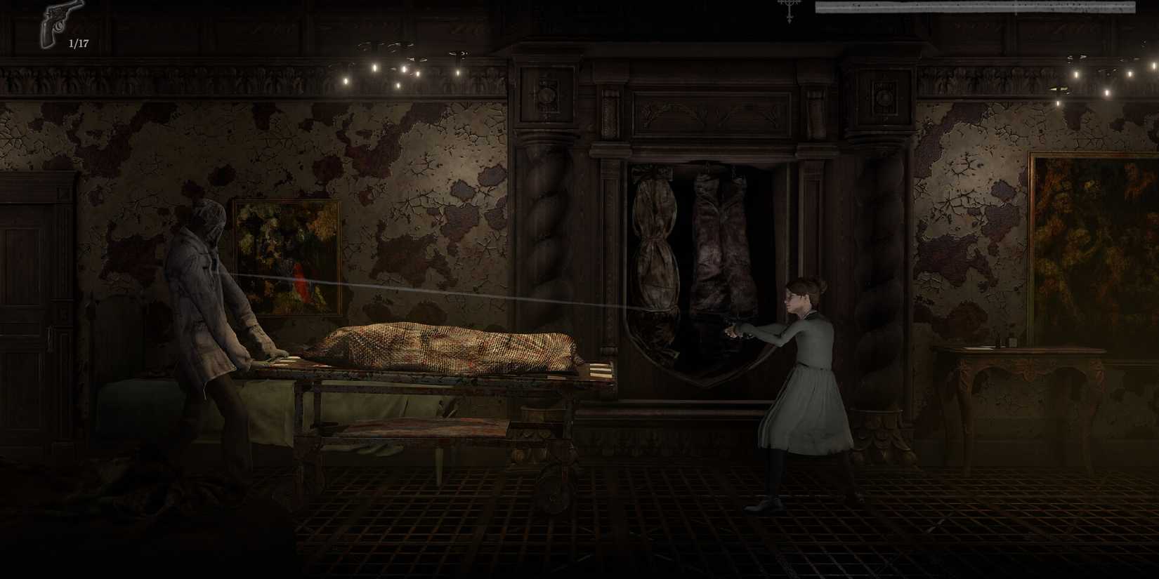 Withering Rooms mansion exploration girl fending off monster with gun