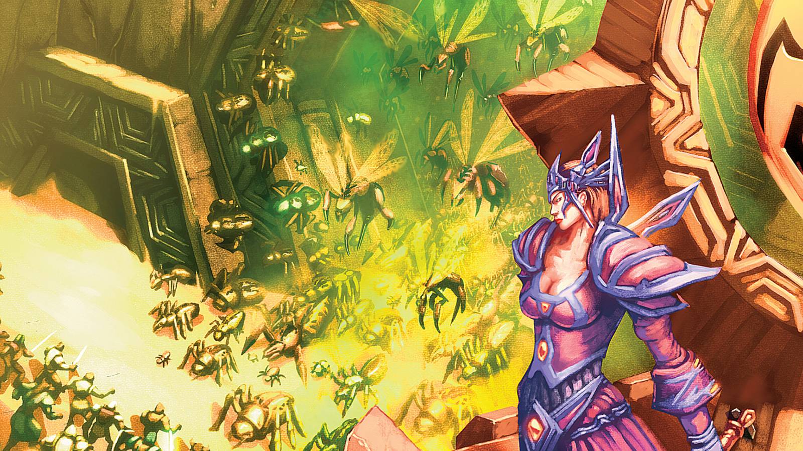 silithids swarming out of ahn'qiraj fighting orcs and humans with a mage looking down on them in from wow