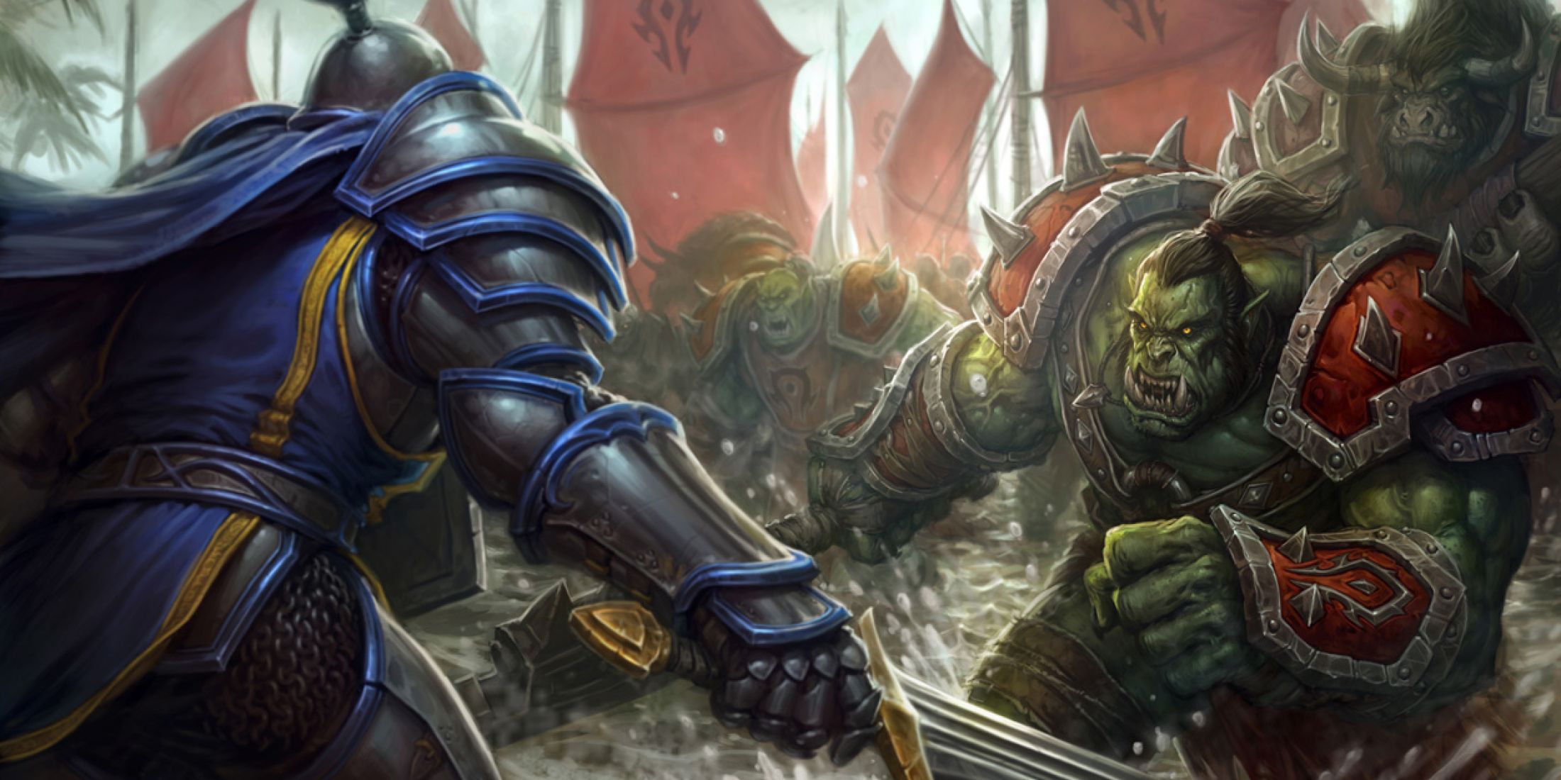 a human soldier and orc grunt facing off from wow