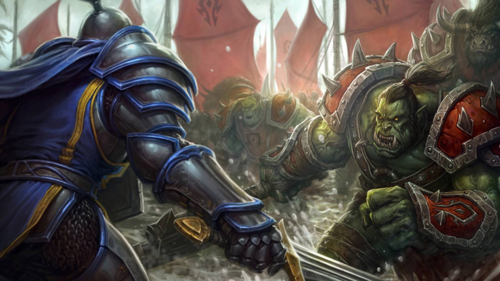 a human soldier and orc grunt facing off from wow