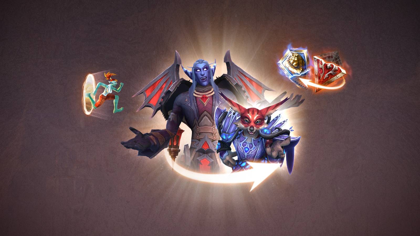 a nightbourne and vulpera from wow surrounded by character services